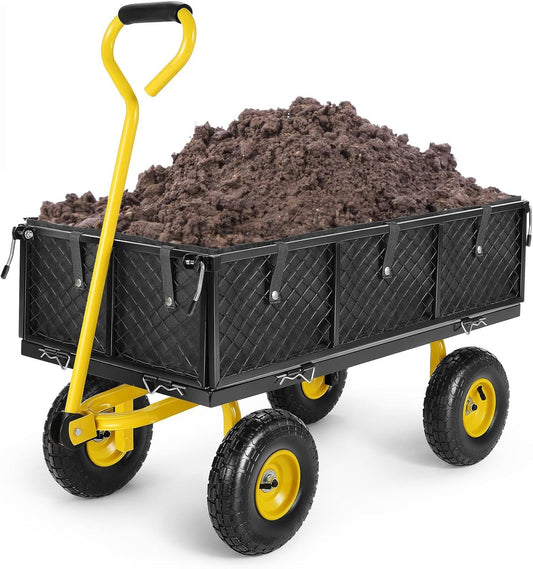 Homdox MAX 880 Lbs Garden Cart, Heavy Duty Foldable Mesh Steel Garden Wagon with 180° Rotating Handle and 10 Inch Tires, Pullable Yard Cart for Yard Garden Beach Farm, Yellow with Bag