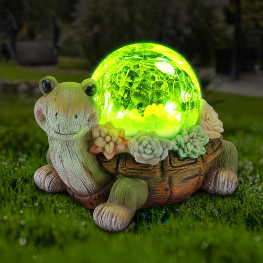 Solar Turtle Garden Statue Lights for Outdoor Decor with Cracked Glass LED Figurine Lighting Resin Succulent Tortoise Decorations Patio Lawn Yard Housewarming Mom Gifts