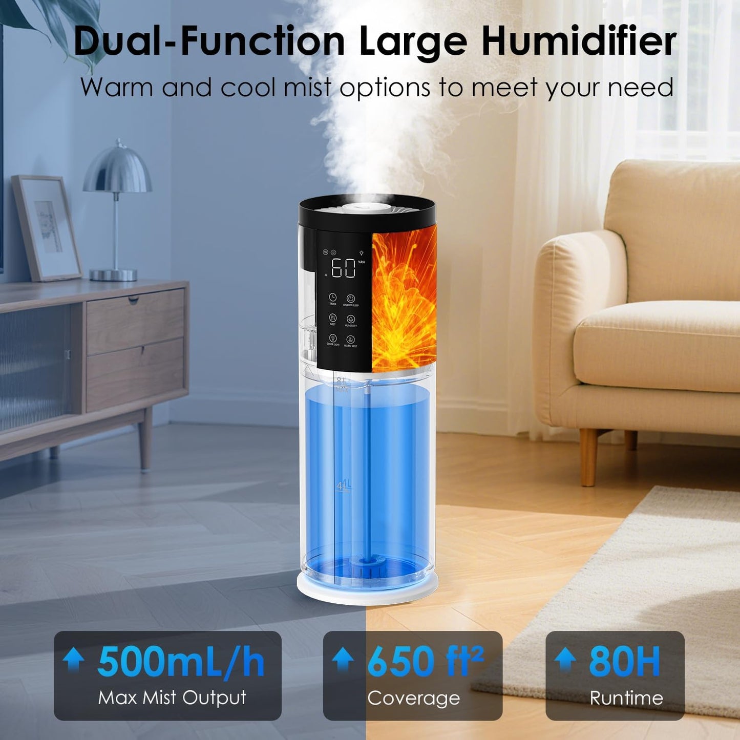 Humidifiers for Bedroom - GloryAir 2.11Gal (8L) Quiet Top Fill Cool & Warm Mist Humidifier Large Room 650 ft² with Humidistat, diffuser, Auto Mode, 7-Color Light for Plants, Baby,Adults, Office & Home