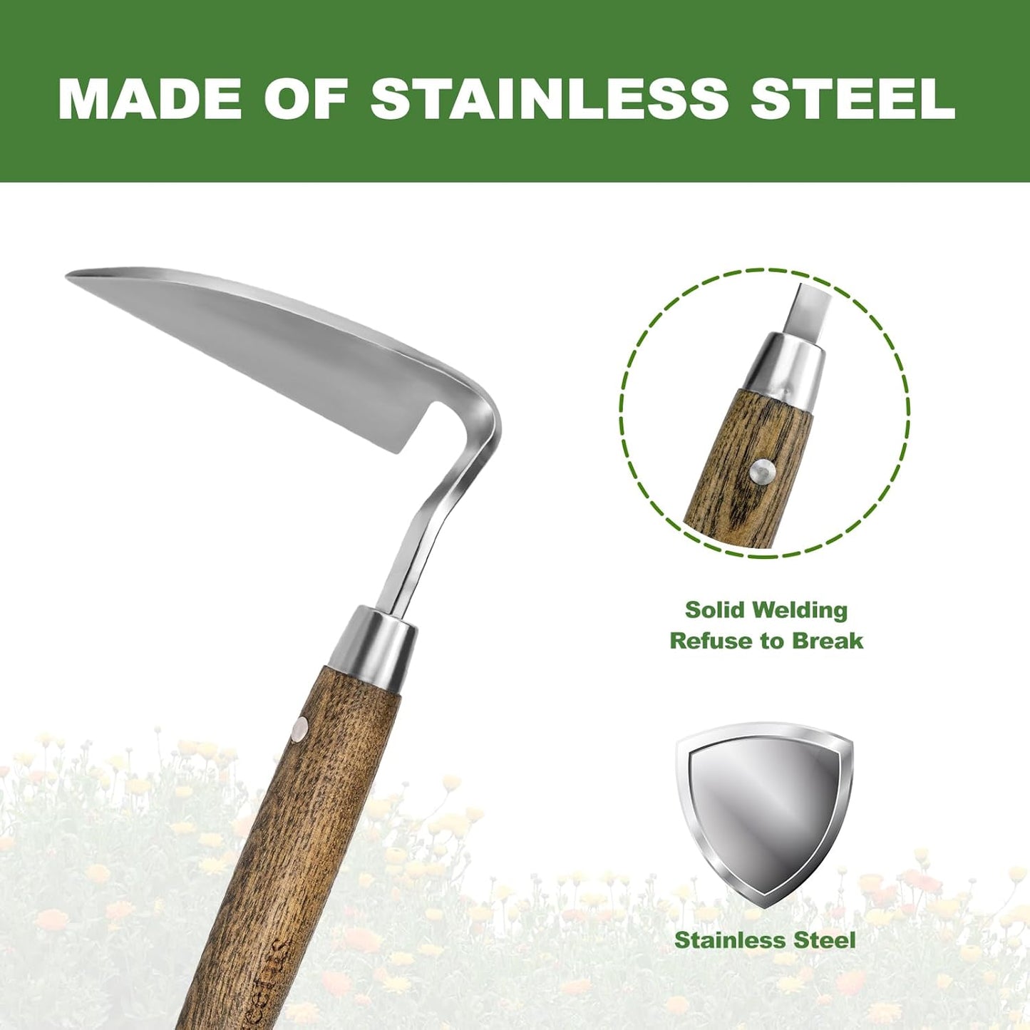 Haliaeetus Gardening Sickle Hoe, Japanese Bent Angle Weeding Sickle, Stainless Steel Weed Hoe Scraper, 13'' Gardening Hand Hoe with Ergonomic Wood Handle for Weeding, Loosening Soil and Cultivating