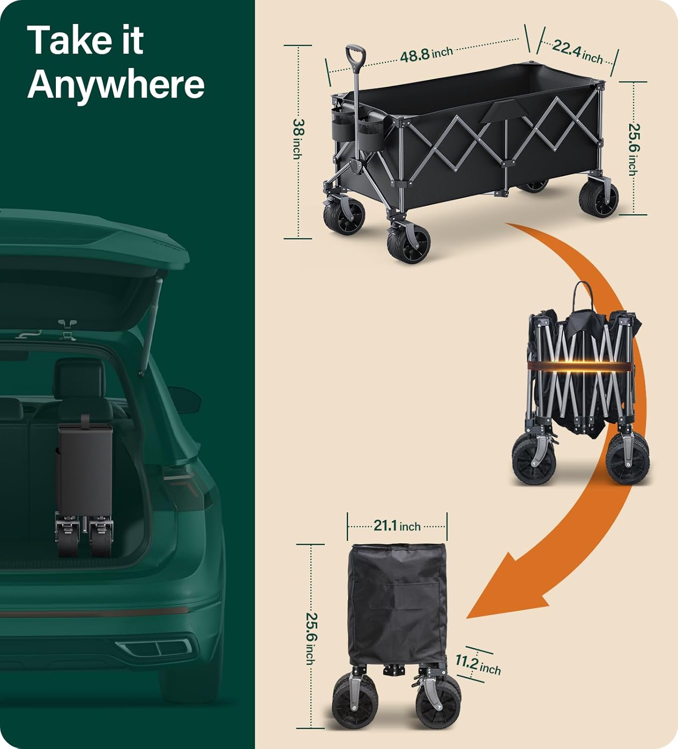 440Lbs Collapsible Wagon Cart with Big Wheels,Utility Wagons with Weight Capacity,Heavy Duty Wagon with Excellent Steering,Ideal for Camping,Gargen,Transport,Outdoor Sports