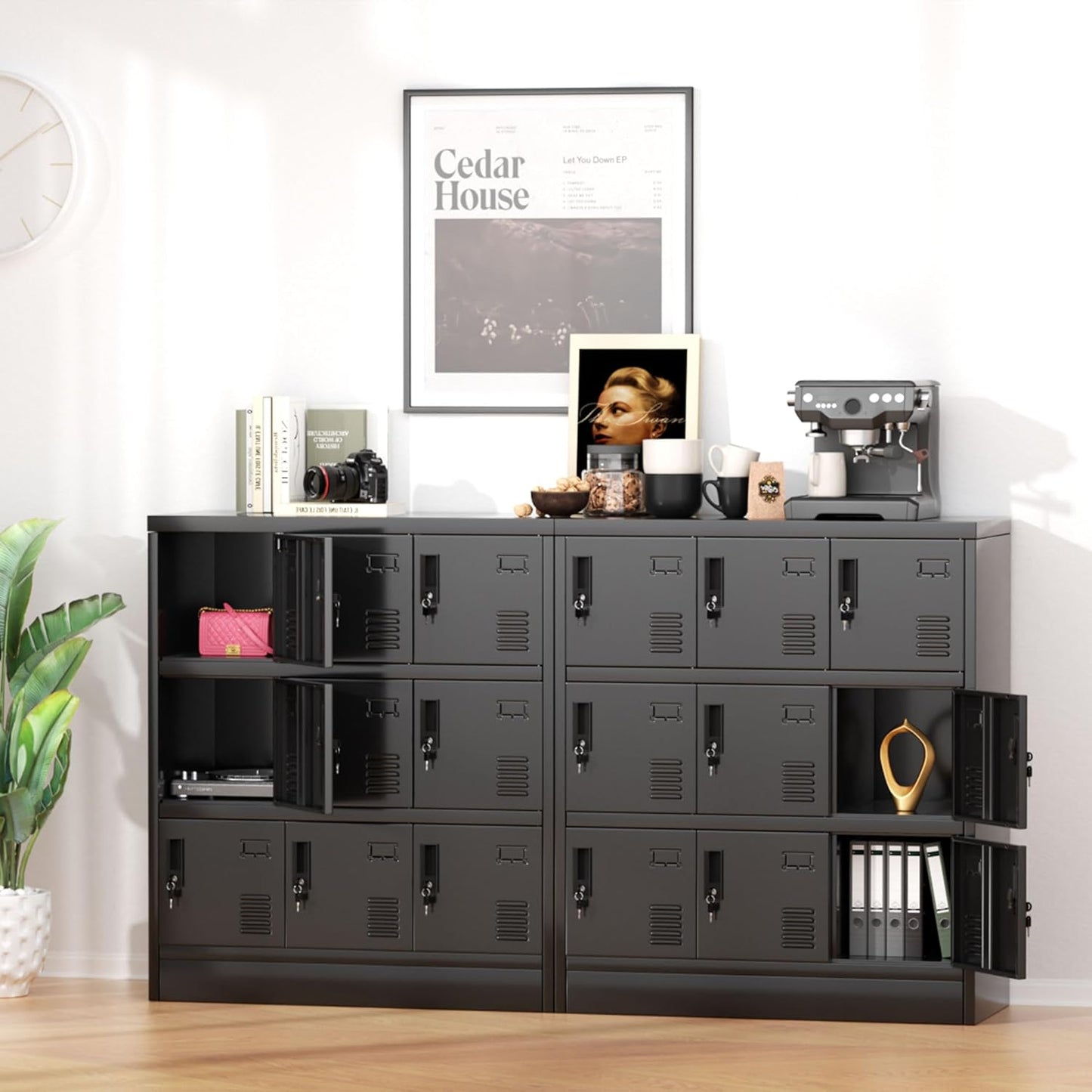 Greenvelly 9 Door Storage Locker for Employee, Metal Locker for Office, Gym, Shool, Lockable Black Steel Locker with Lock and Card Slot for Home,Garage