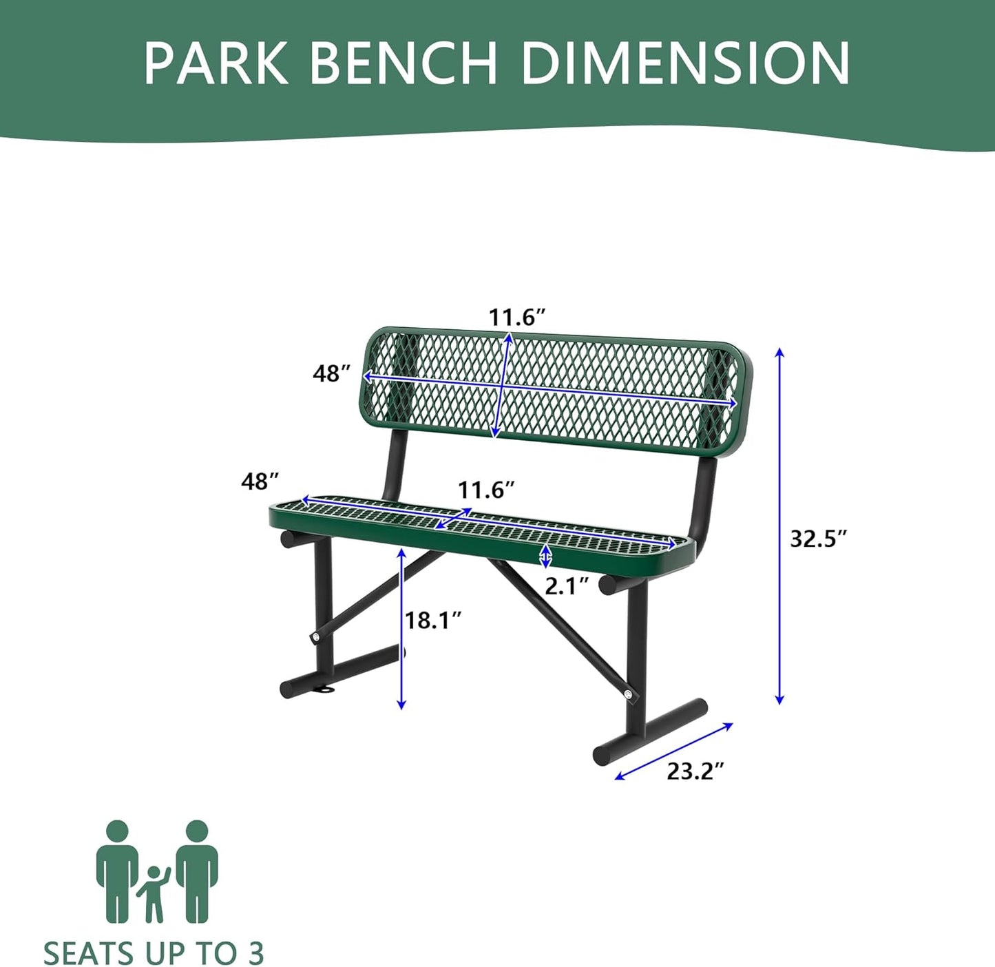 4/6/8 Feet Park Bench for Outside Heavy Duty Metal, Garden Benches Outdoor Bench with Backrest & Portable Frame, for Shopping Malls Stores Parks Patios Decks, Green