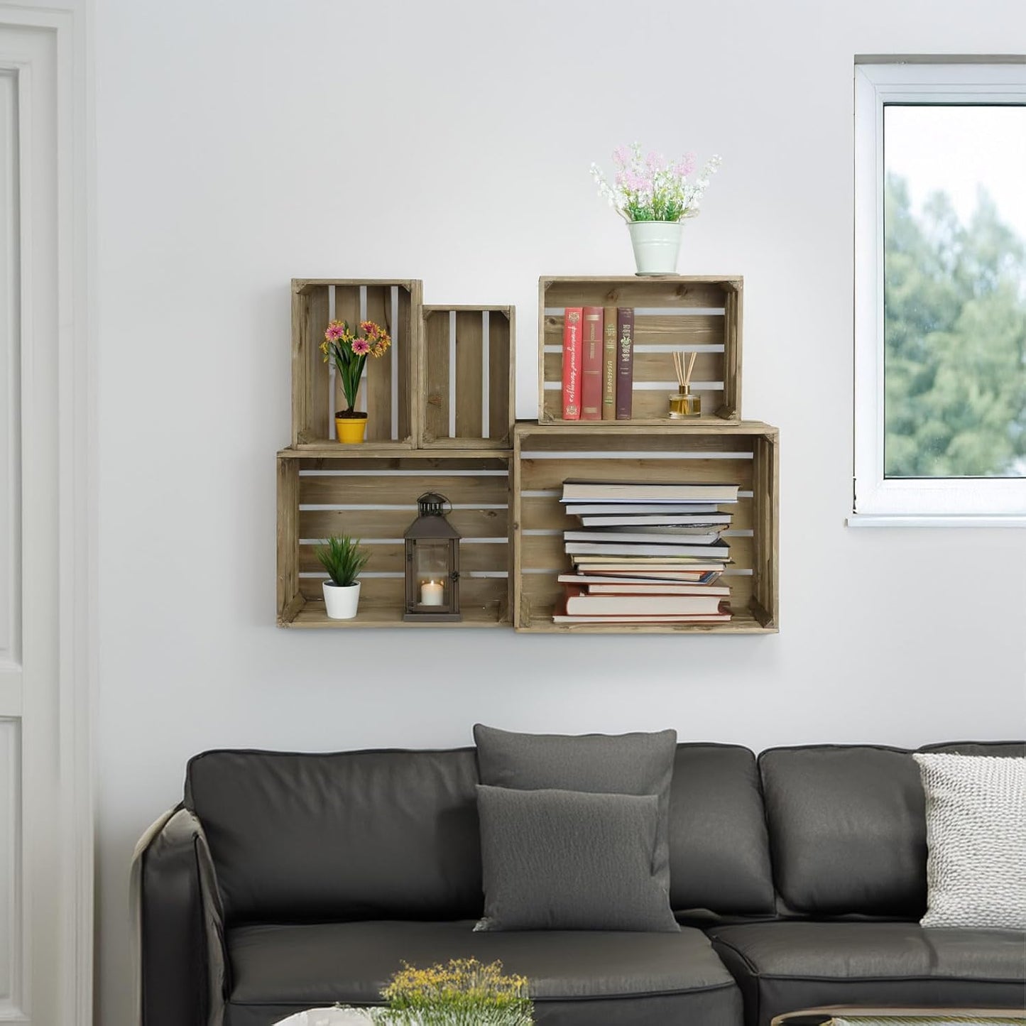 5-Piece Farmhouse Wooden Crate Set - Rustic Wooden Crates for Display and Storage, Large Grey Decorative Crates, Farmhouse Apple Crates, Painted Wood Crates for Decor