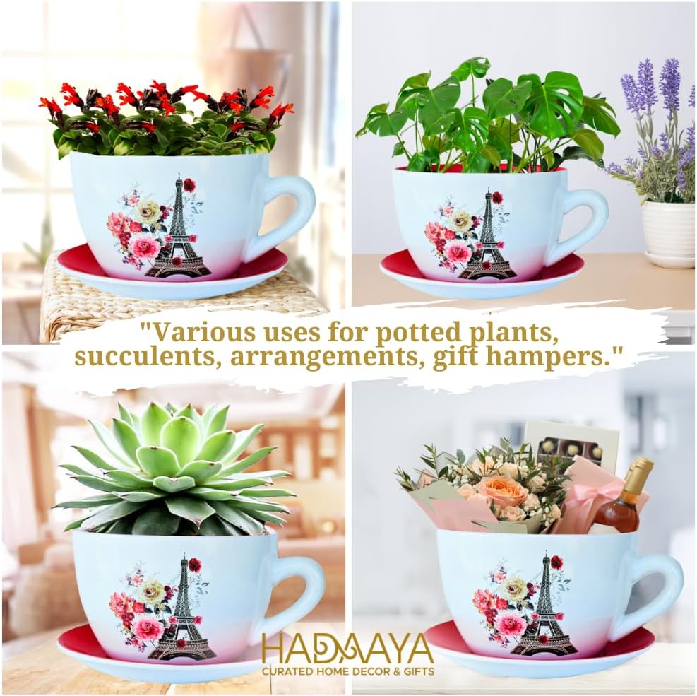 7.5" Ceramic Teacup Planter Pot with Saucer | Ideal for Succulents, Orchids, Herbs & Flowers | Indoor & Outdoor Use | Thoughtful Gift for Wedding & Home Decor & More - RED - Paris Eiffel Tower