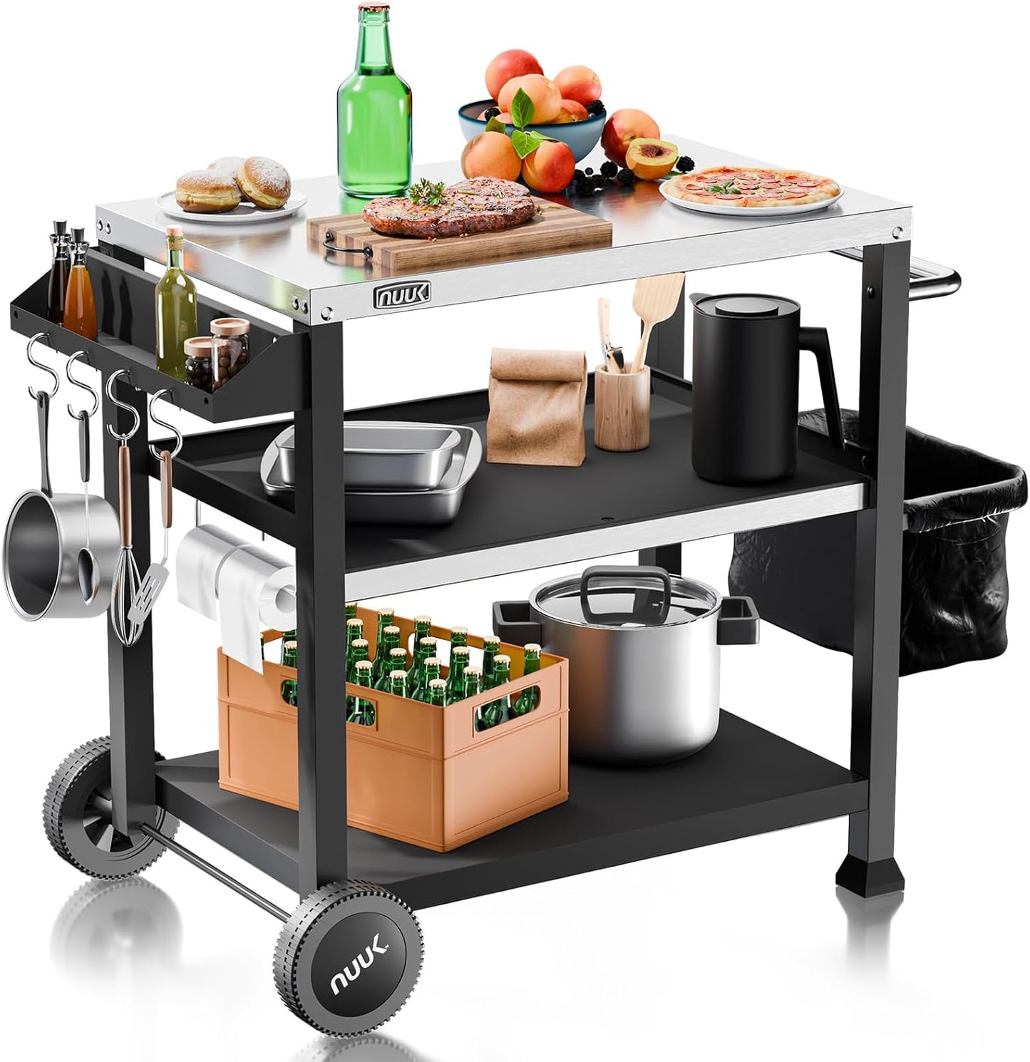 NUUK 3-Shelf Grill Cart with Stainless Steel Top – 20" x 32" Mobile Outdoor Kitchen Table for Pizza Oven, Food Prep, and Dining – Worktable with Wheels,