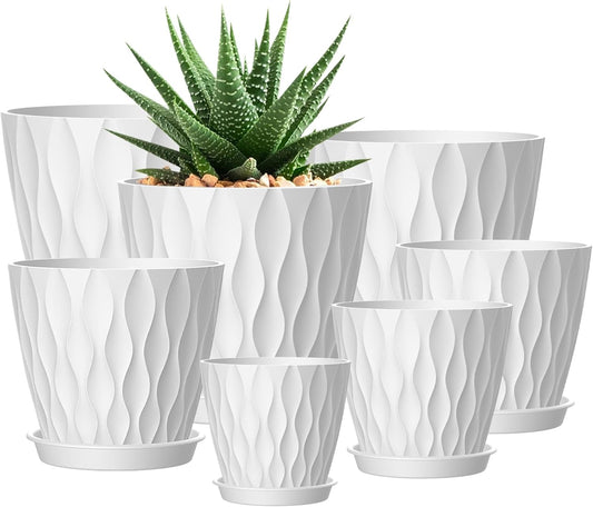 4/4.5/5/5.5/6/6.5/7 Inch Plant Pots,7 Pack Flower Pots with Drainage Holes and Trays,Plastic Planters for Indoor Outdoor Plants Growth,White