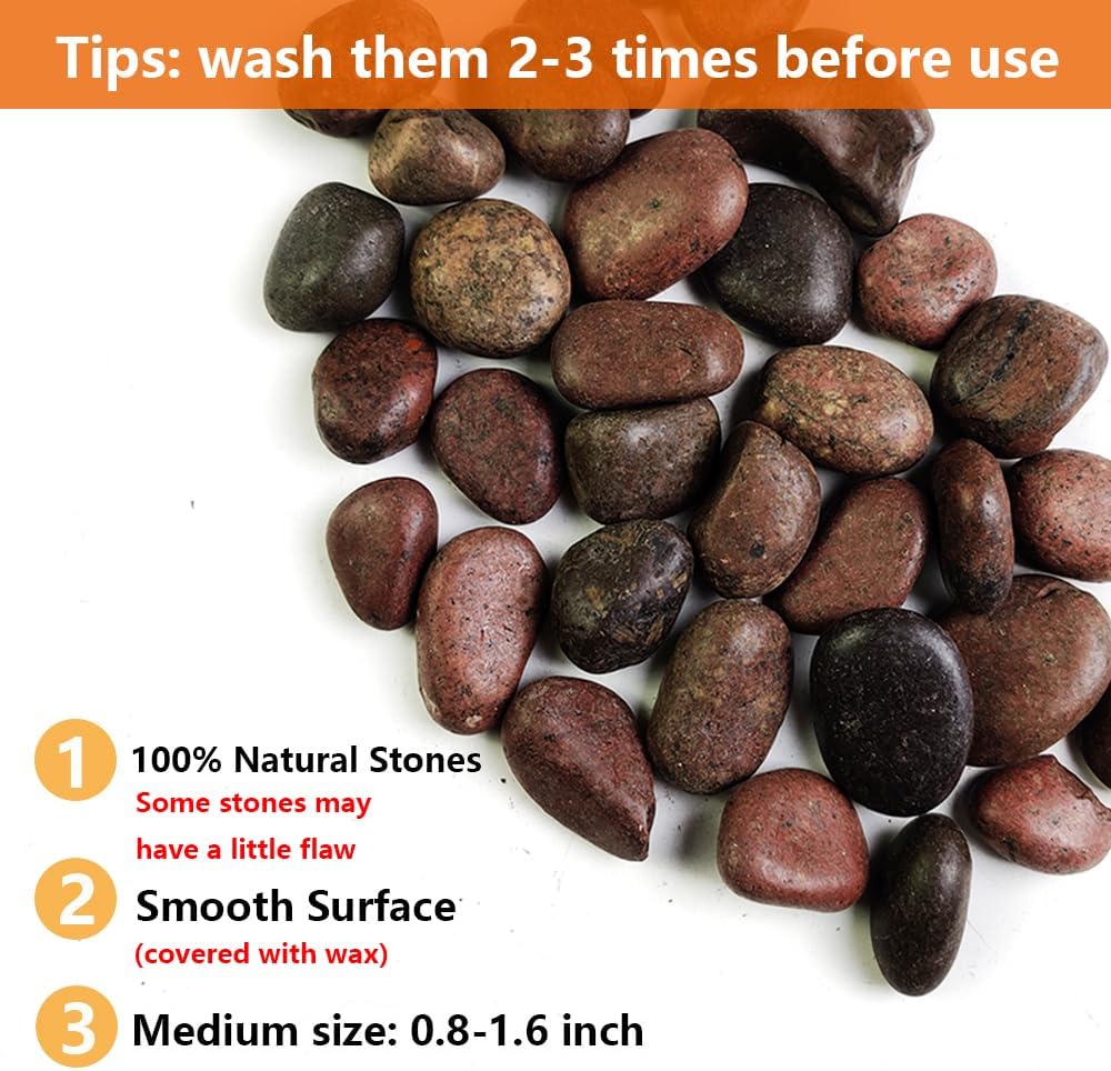 HappyFiller Natural Decorative Pebbles Polished Rocks Stones for Aquarium,Fish Turtle Tank,Outdoor Indoor Plants Top Dressing,Succulents Soil Cover,Garden Landscaping,2 LB,Red Mix,0.8-1.6"