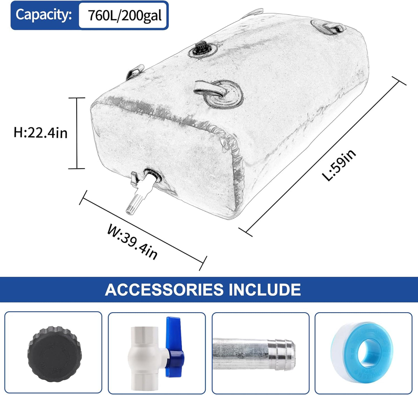 760 L/200 Gal Water Bladder Tank, Foldable Portable Water Storage Container, Emergency Water Bag for RV, Truck Bed, Fire Prevention, Drought Resistance, Blue