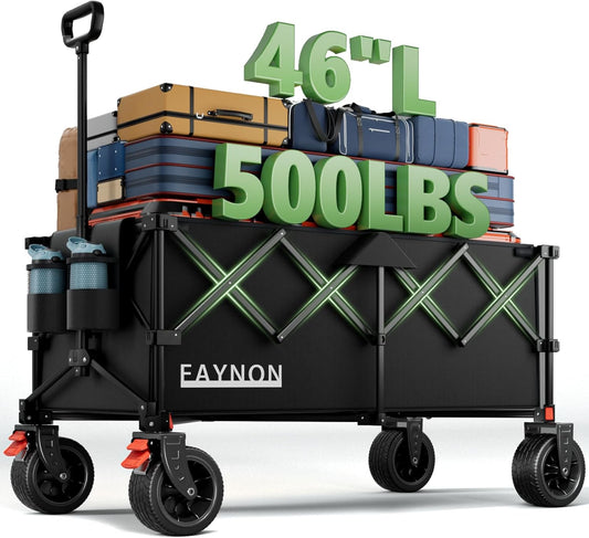 46" L Collapsible Foldable Extended Wagon, 500LB Weight Capacity with 280L Heavy Duty Folding Cart,Utility Wagon with All-Terrain Beach Wheel & Drink Holders,Black