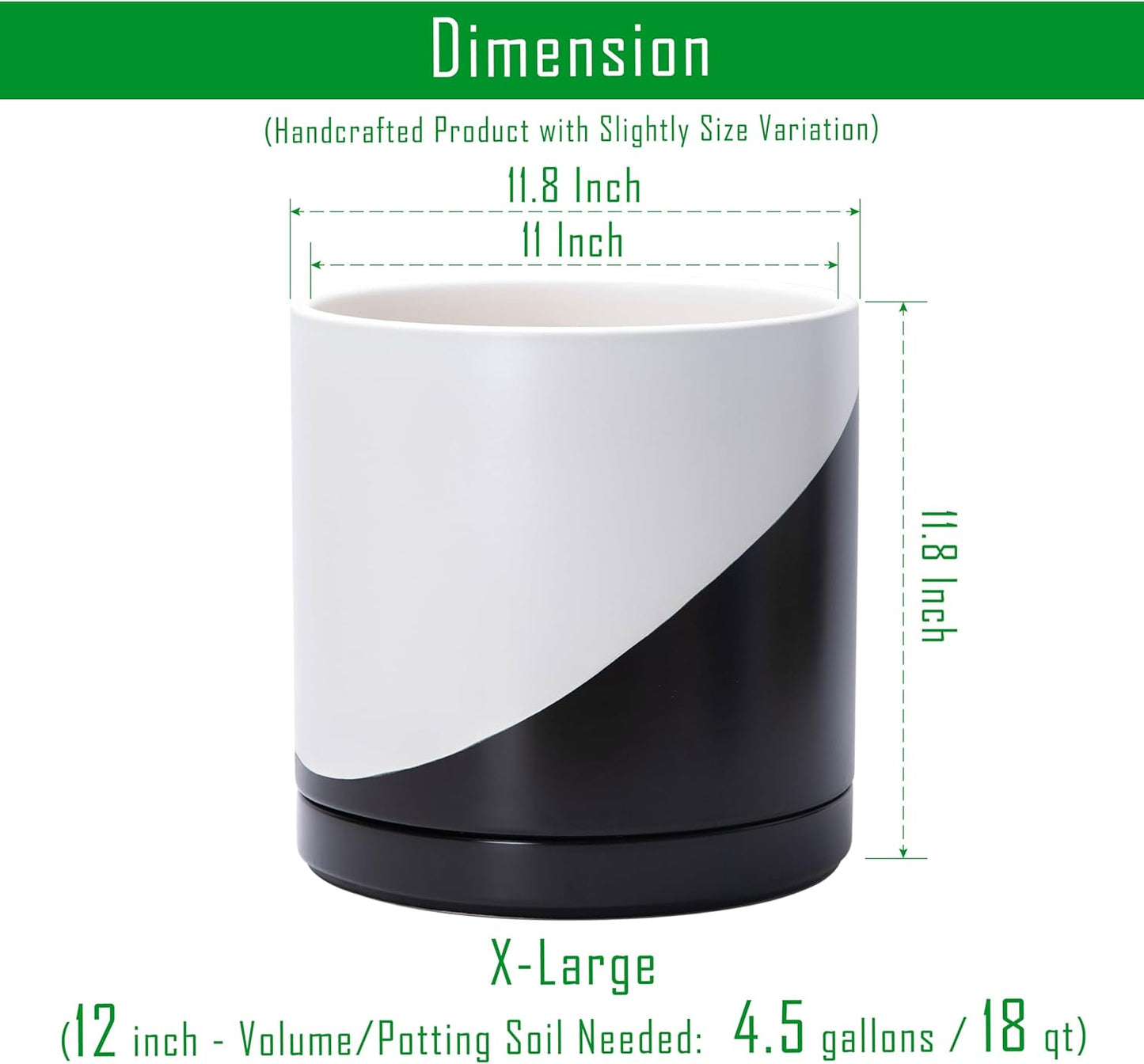 D'vine Dev 12 Inch Ceramic Planter Pot with Drainage Hole and Saucer, Indoor Cylinder Round Planter Pot, Oblique Monochrome Black and White, 94-O-F-K