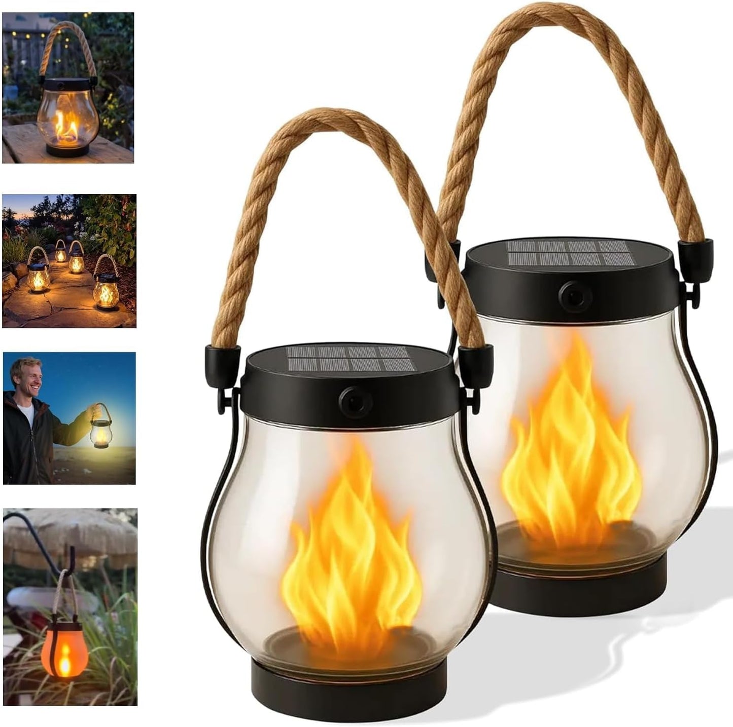 Kaliqo Solar Lanterns Outdoor Lights, Hemp Rope Flame Lights, Dancing Flame Solar Lights,It is Suitable for Outdoor Camping, Home Garden Decoration, Etc. (2pcs)