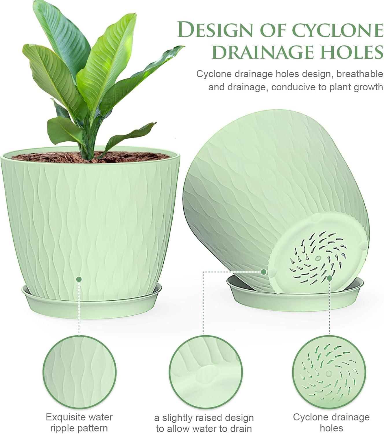 6 inch Flower Pots, 5 Pack Plant Pots with Drainage Holes and Saucers for Indoor Plants, Plastic Planters with Water Ripple for Small Garden House Plants, Nursery Pots for Succulent, Colorful