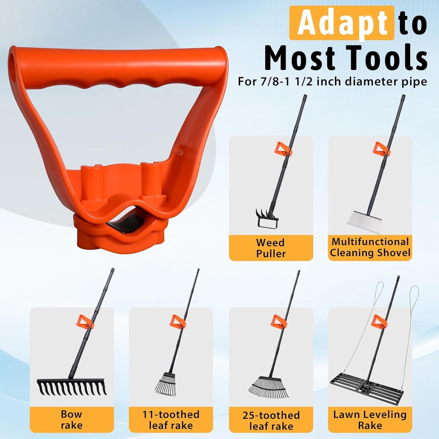 Back-Saving Handle Tool Ergonomic Attachment for Hula Garden Hoe Universal Back Saver Tool Handle for Shovels Rakes Lawn Trimmers, Orange