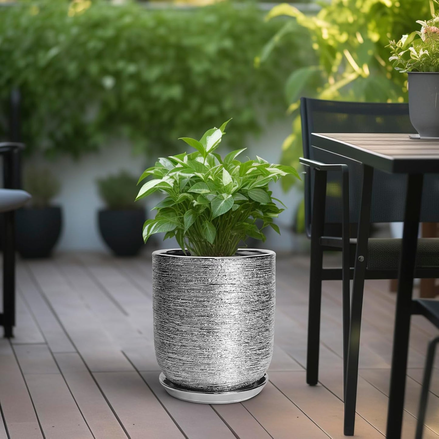 10 Inch Plant Pot - Ceramic Planter for Indoor Outdoor Flowers, Cylinder Modern Flower Pot with Drainage Hole and Saucer, Gifts for Plants Lovers, Home Garden Office House Decor, Silver
