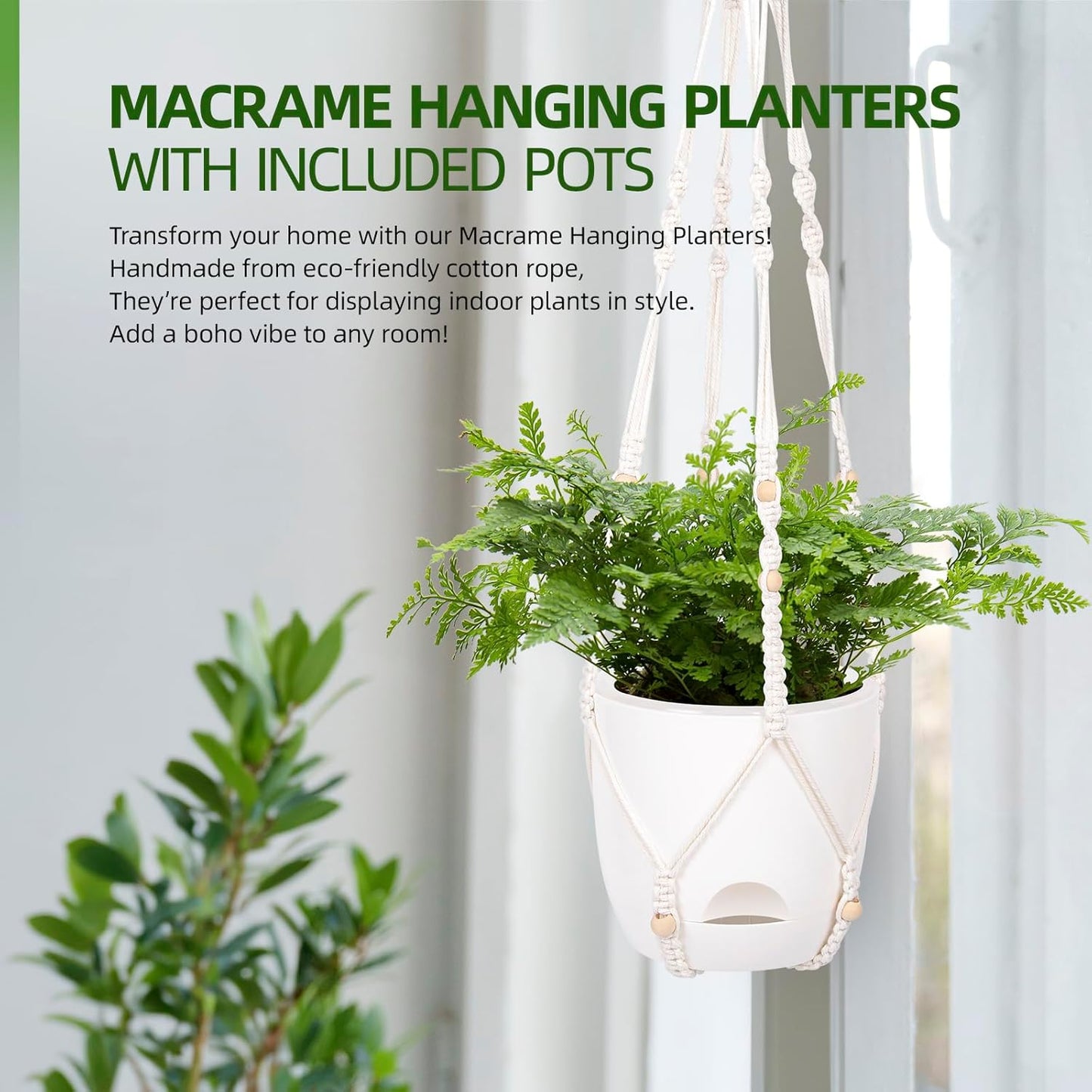 2-Pack 5.7-Inch Self-Watering Hanging Planters for Indoor & Outdoor Plants,34Inch Macrame Hanger Plant Pots Indoor with Drainage,Small Hanging Planters & Baskets,With Two Sets of Hooks（Pure white）
