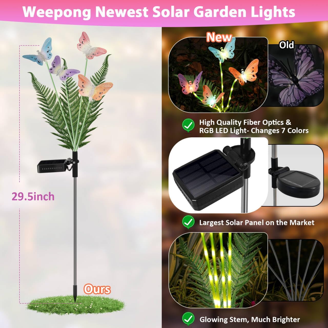 Solar Garden Lights 4 Pack Waterproof Decorative Solar Lights Outdoor with Glowing Stems,7-Color Changing ‎Fiber Optic Butterfly Light for Outside Yard Lawn Garden Decor, Gifts for Women