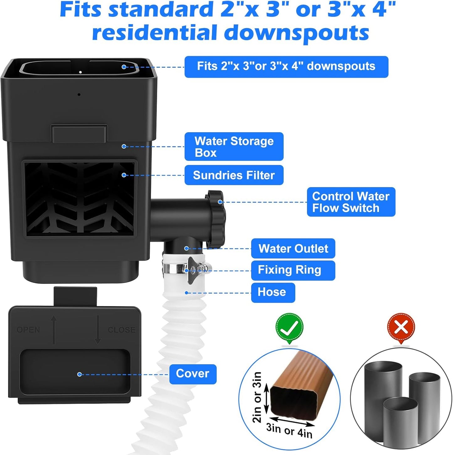 WADEO Rainwater Collection System, Downspout Diverter Fits for 2"x 3" or 3"x 4" Residential Downspouts, Rain Barrel Diverter Kit with Adjustable Valve and Filter, 5FT Hose, Black