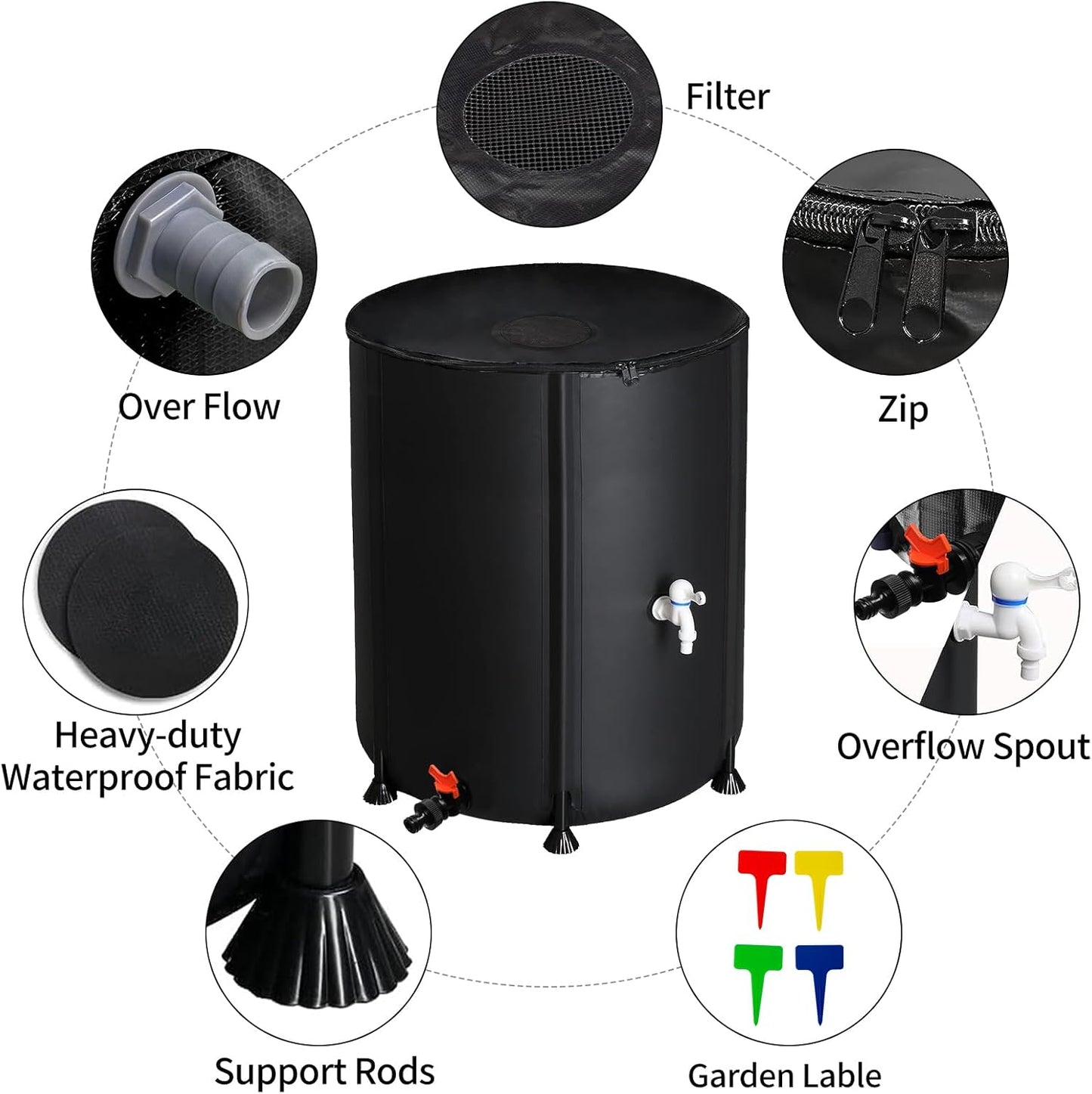 50 Gallon Collapsible Rain Barrel, Portable Rainwater Collection System, Rain Catcher Barrel, Water Storage Tank with Two Spigots and Overflow Kit, Rain Water Barrel Collector for Garden, Black