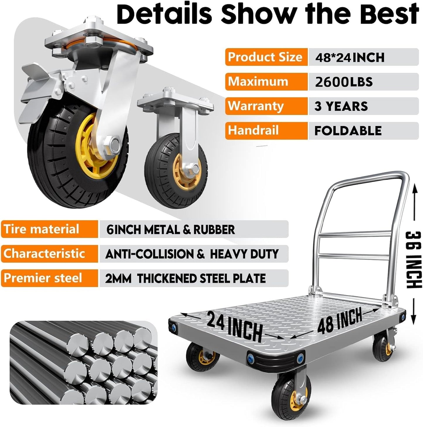 Heavy Duty Platform Truck Flat Moving Cart Hand Trucks, 2600Lbs Steel Push Cart Dolly, 48 x 24in Large Flatbed with 6'' 360 Degree Swivel Wheels for Easy Storage