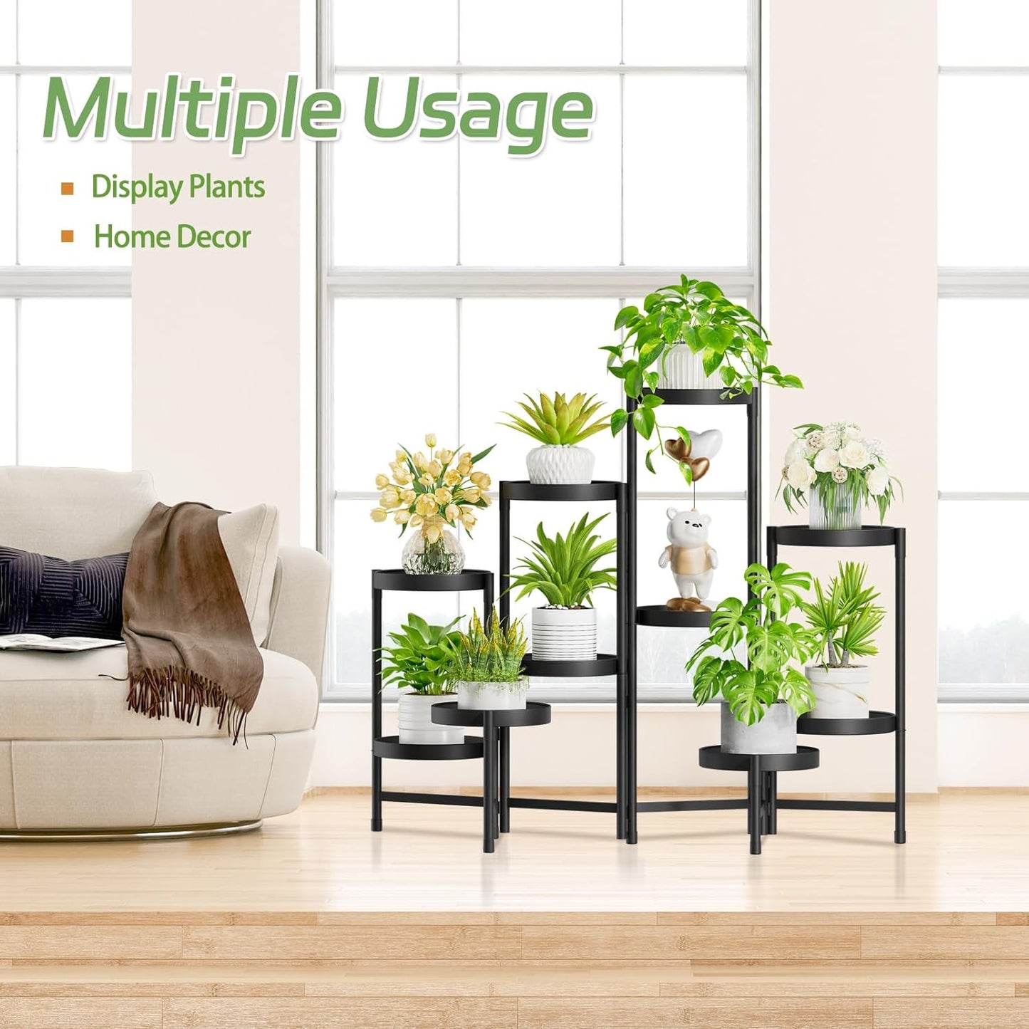 iDavosic.ly Plant Stand Indoor Outdoor, 10 Tier Corner Metal Flower Display Holder Shelf, Folding Tall Orchid Rack for Patio Balcony Porch Garden Living Room House, Black