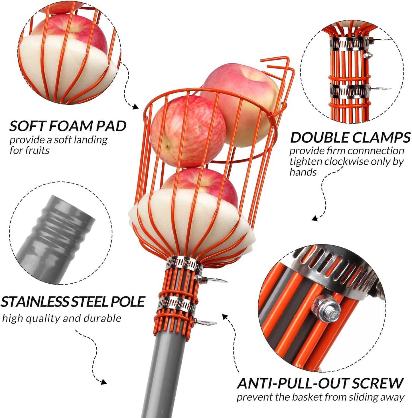 Walensee 13FT Fruit Picker, Adjustable Fruits Picker Tool with Lightweight Stainless Steel Pole and Big Basket, Fruit Catcher Equipment Tree Picker for Apples Mango Pear Orange Avocados Fruit Picking