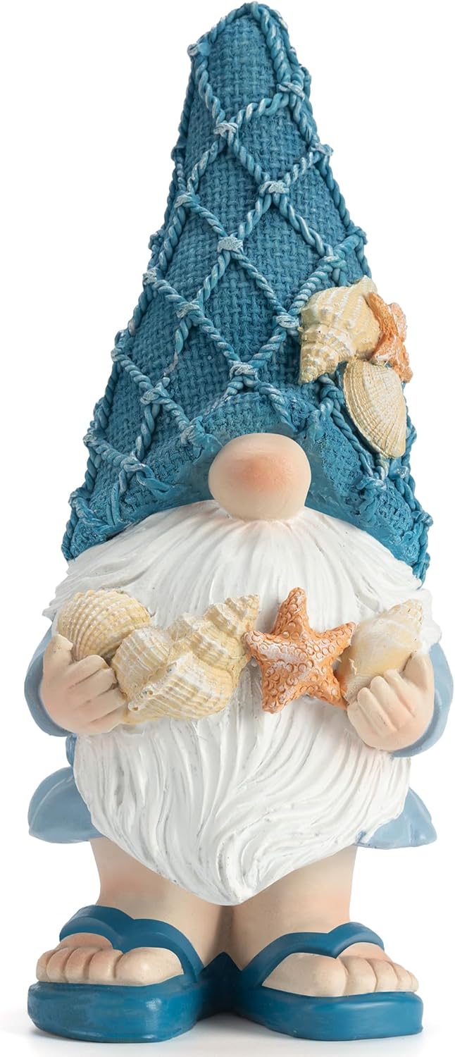 Garden Sea Gnome Statue Decoration Indoor Resin Beach Gnome Sculpture for Home Office Desktop Bathroom, Summer Pool Decoration Gifts (Holding a Shell)