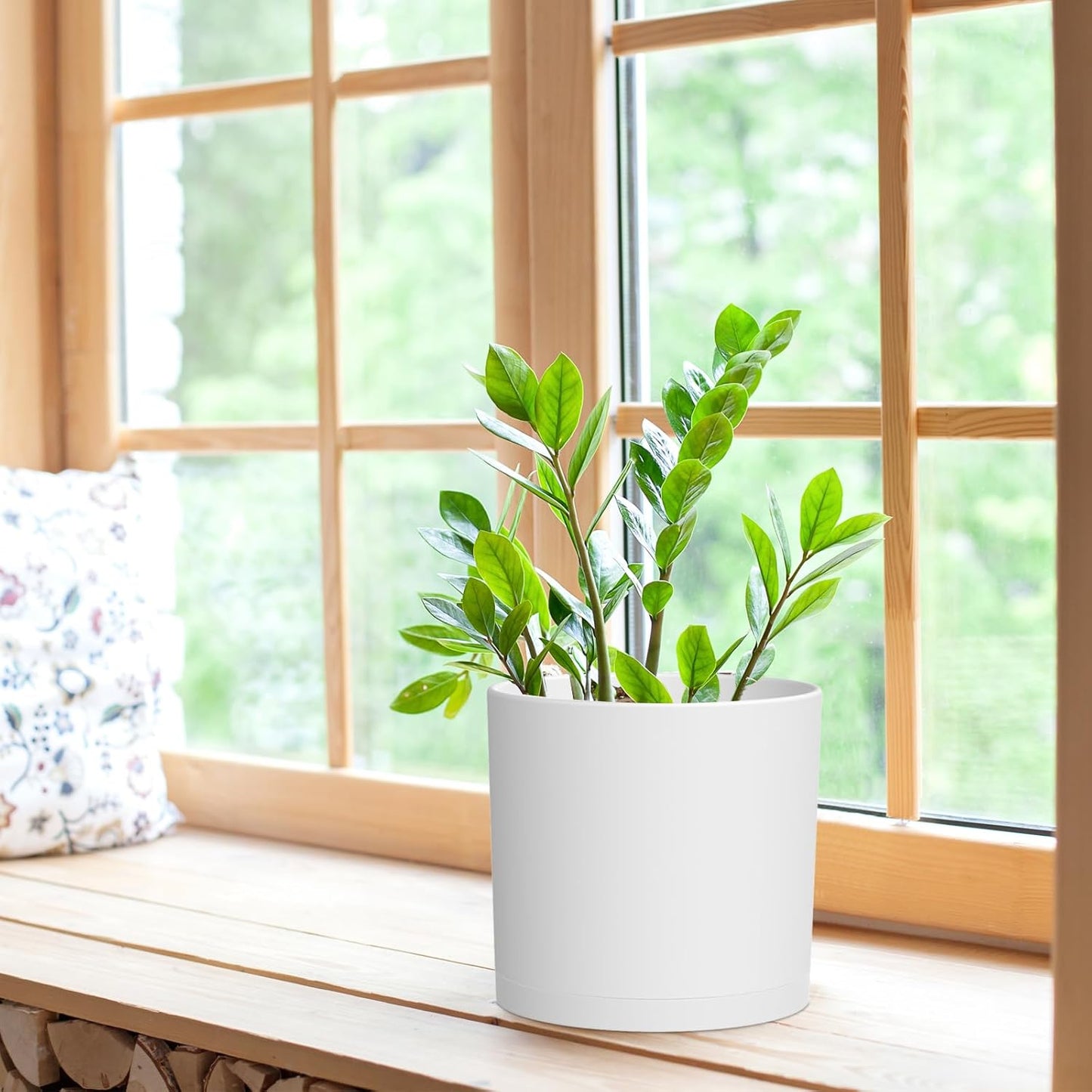 8 Inch Cylinder Plant Pots for Indoor Outdoor Plants, Medium Deep Flower Pots with Drainage Holes & Saucer, Decorative Plastic Planter Pots for Garden House Plants, White