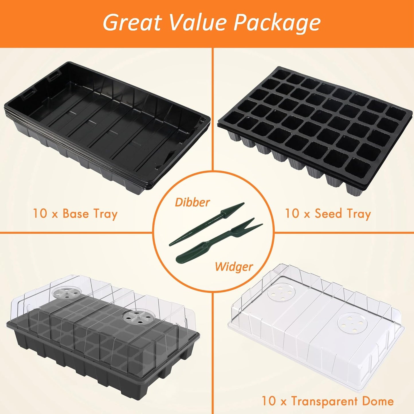 Gardzen 10-Set Garden Propagator Set, Seed Tray Kits with 400-Cell, Seed Starter Tray with Dome and Base 15" x 9" (40-Cell Per Tray)