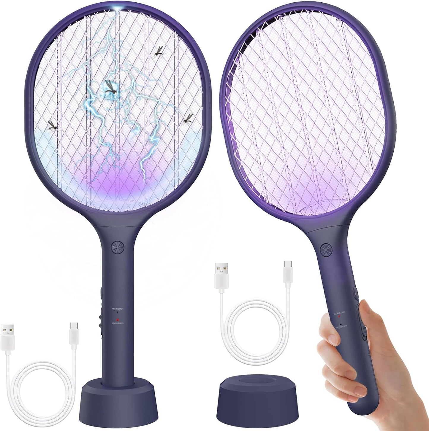 Electric Fly Swatter 2 Pack, 3000V Bug Zapper Racket Fly Zapper with 1500mAh Rechargeable Battery, Indoor Outdoor Fly Trap Mosquito Killer with 3-Layer Safety Mesh for Home, Kitchen, Patio, Camping