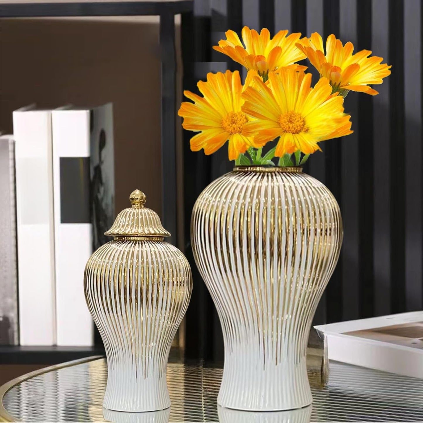 Ginger Jar, White Gold Ceramic Vase Large Handmade Porcelain Vases with Lid, White Gold Decorative Flower Vase for Home, Living Room, Weddings, Centerpieces (B-Large)