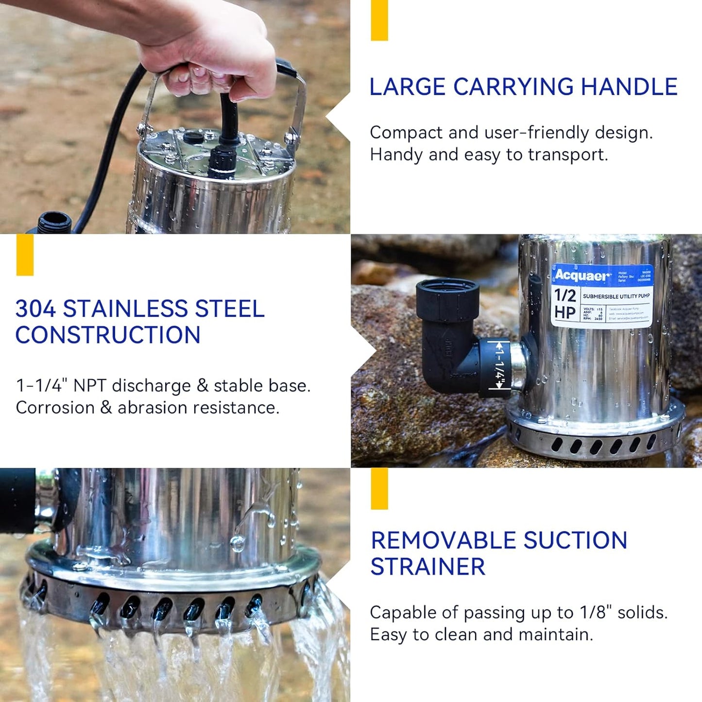 Acquaer 1/2HP Submersible Utility Pump, 3030GPH Stainless Steel Sump Pump, Water Removal for Basement Hot Tub Pool Cover Draining, 30ft Cord