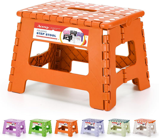 ACSTEP 9 Inch Folding Step Stool 300 LB Capacity Plastic Foldable Step Stools for Kids and Adults, Folding Stool Suitable for Kitchen, Stepping Stool with Handle Orange Small Step Stool 1PC