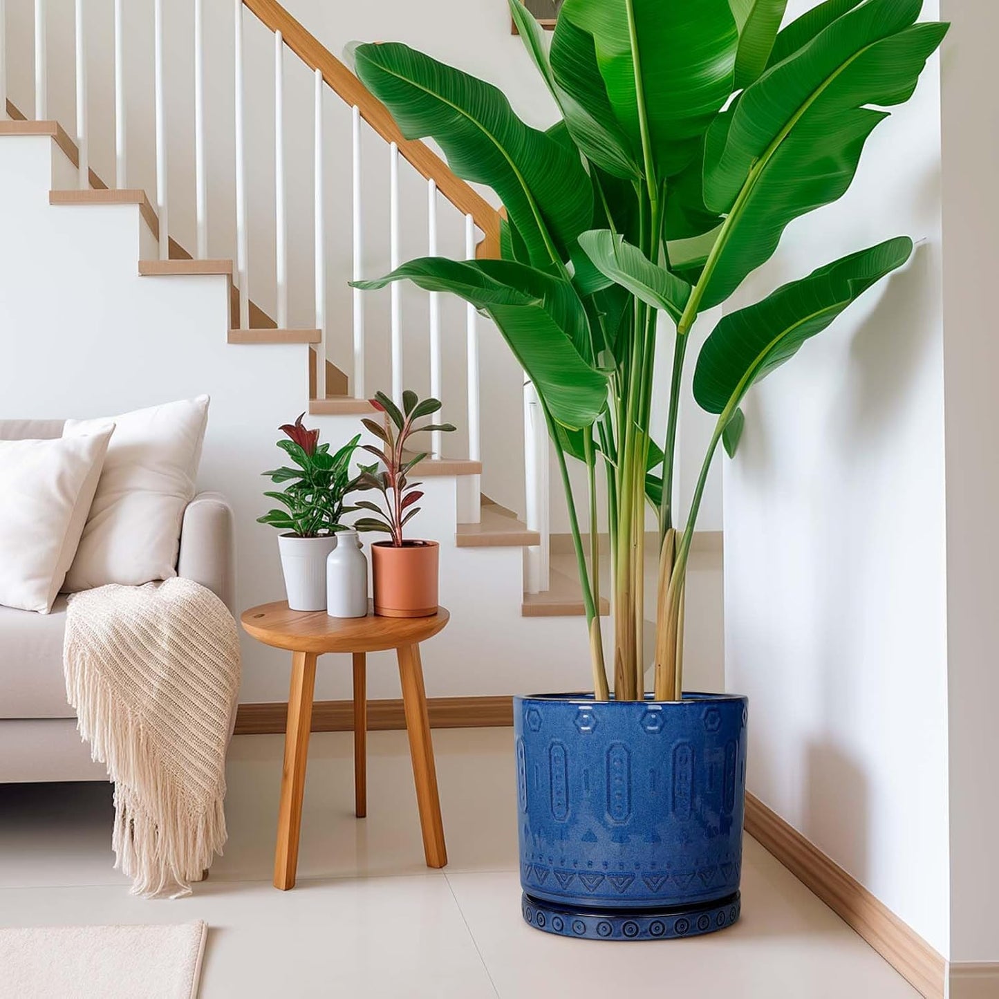 12 Inch Pot for Plants - Ceramic Planter for Indoor Plants Large Plant Pot with Drainage Holes and Saucer Outdoor Flower Pot Decorative Round Planter for Porch Office Decor Blue