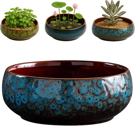 Oncpcare Lotus Bowl Planter – Glazed Ceramic Water Plant Pot for Indoor Outdoor Use, Shallow Hydroponic Vase for Lotus Seeds, Succulents, Bonsai, Water Lily Arrangement (Blue)