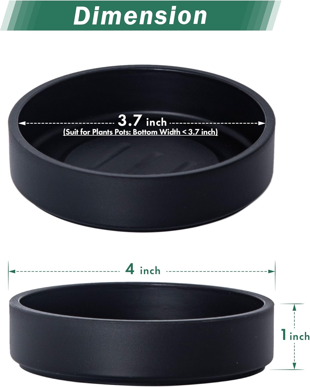 Phoenix Vine 4 Inch Plastic Plant Saucer Water Drip Tray, Heavy Sturdy Round Plant Drainage Tray for Indoors Outdoor, Set of 4, Matte Black, 21-TY-4B-4