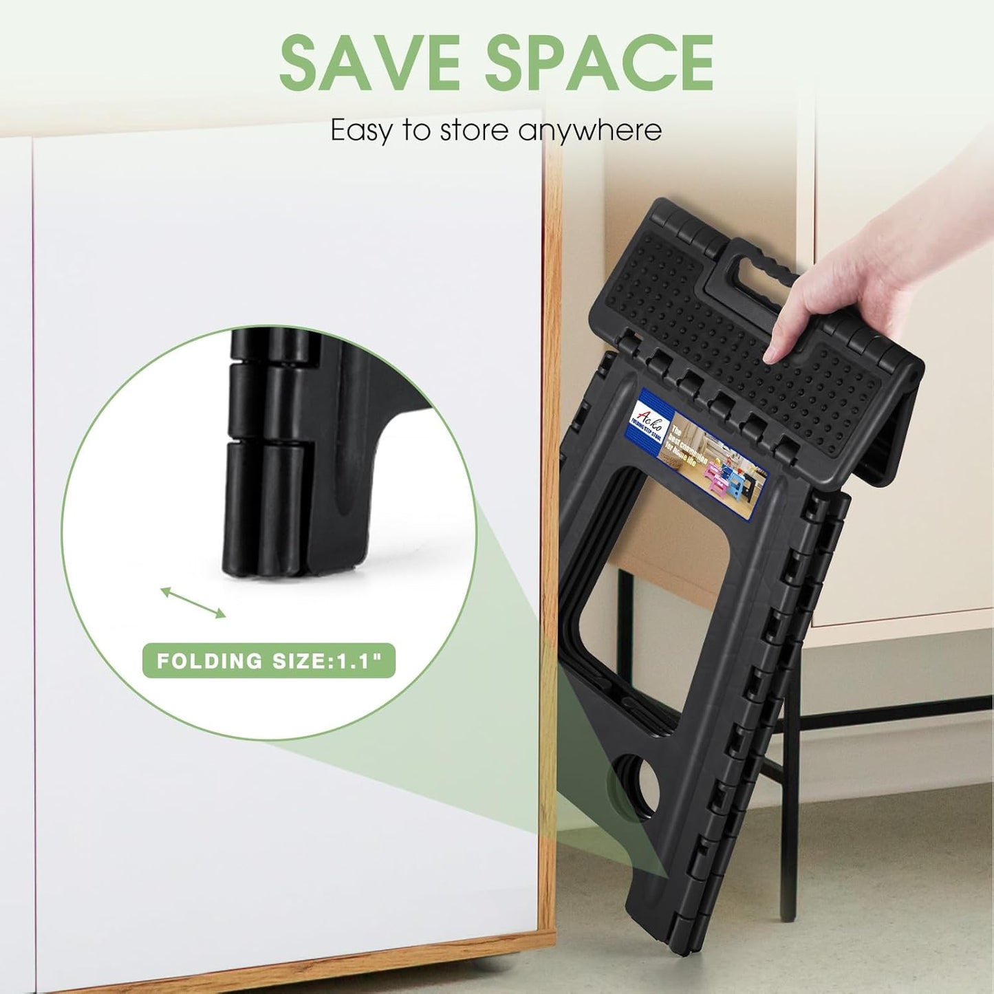 ACKO Folding Step Stool Foldable 17.5 Inch Stools for Adults and Kids,Plastic Stools Tall 400 lbs Capacity, Collapsible Stool for Kitchen, Stepping Foot Stool with Handle, Dot Black,1 PC