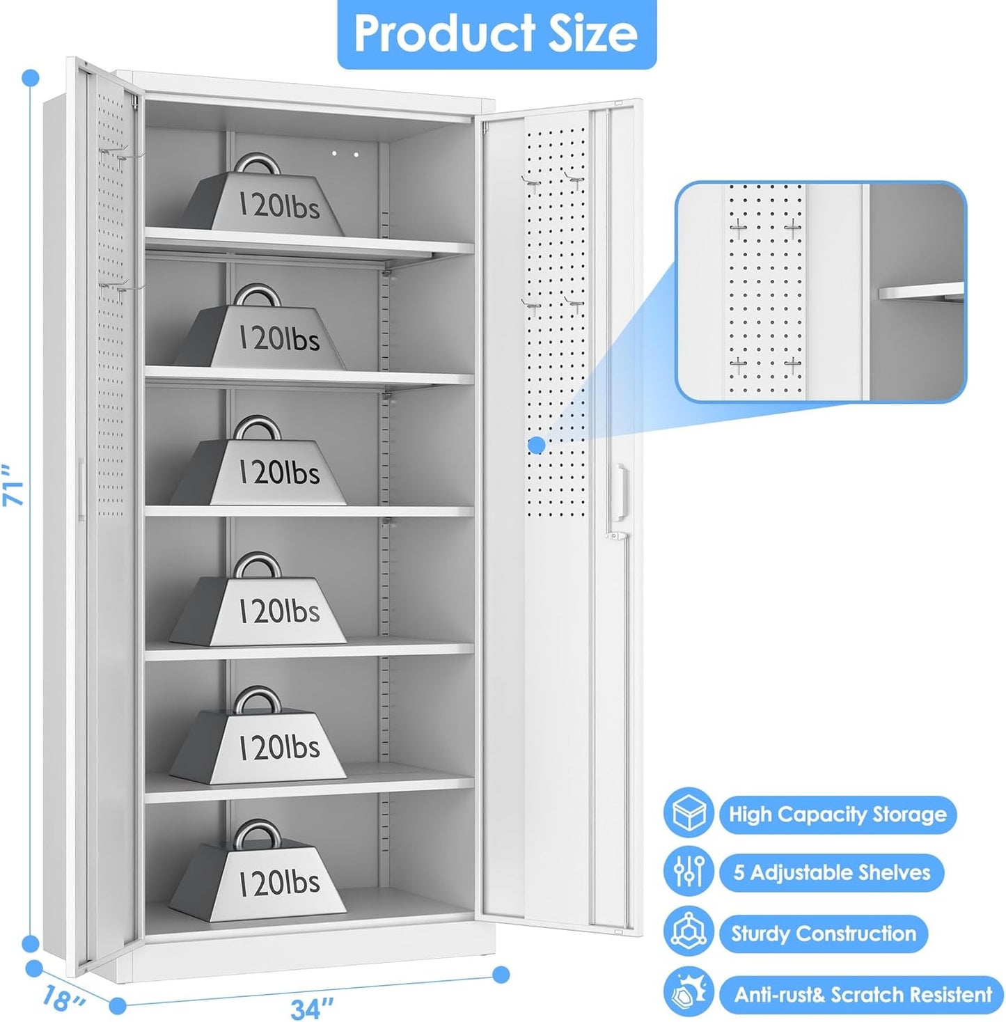 71"H×34"W×18"D Metal Garage Storage Cabinet with Lock and Pegboard, Steel Lockable File Cabinet with 2 Doors and 5 Adjustable Shelves for Office,Home,Garage, Storage, Assembly Required, White