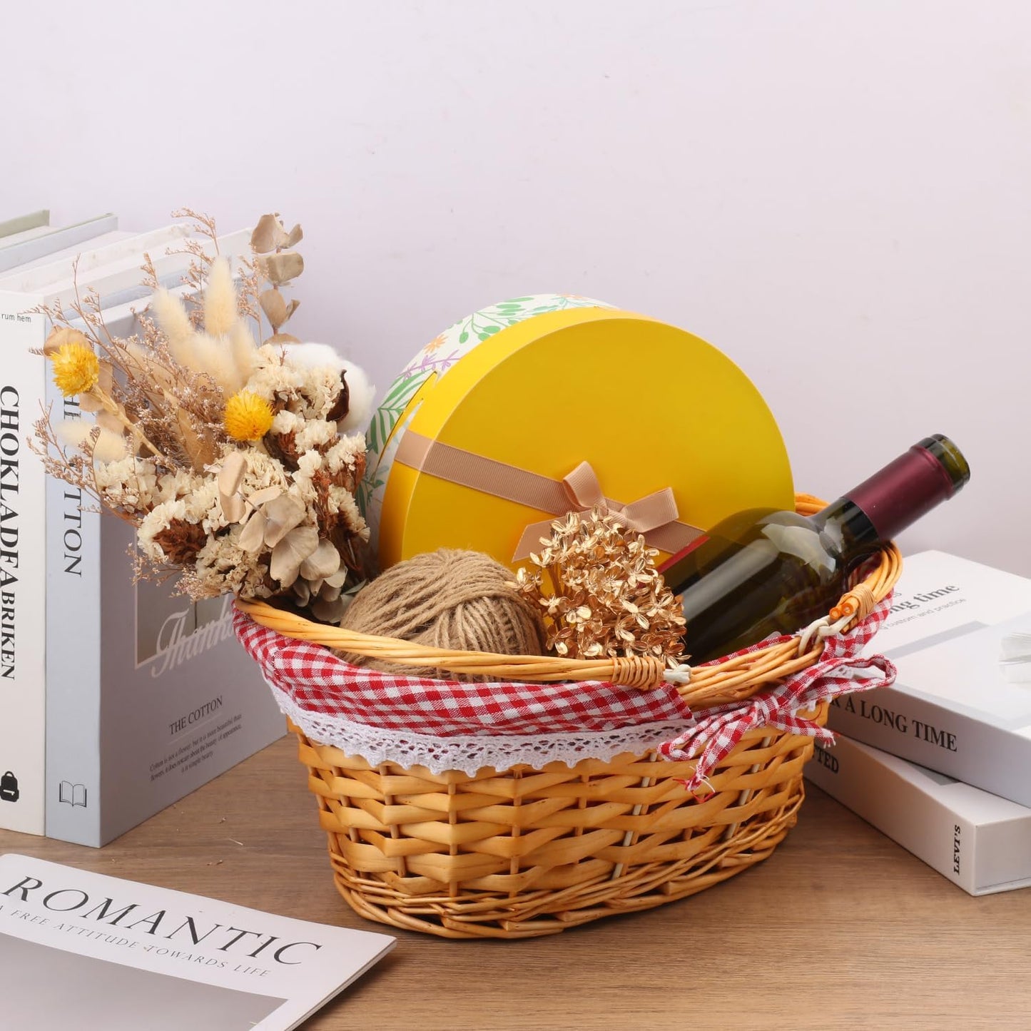 2 Pack 12.6 Inch Natural Wicker Basket with Checkered Lining, Oval Wicker Woven Basket with Handle, Willow Woven Picnic Baskets for Picnic, Camping, Party(Small)