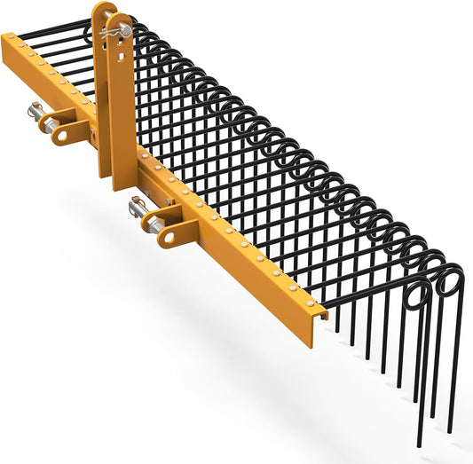 YITAMOTOR 60" Durable Powder Coated Steel Pine Straw Rake Steel Spring Landscape Rake Attaches to Cat-0 Cat-1,3 Point Hitch for Tractor, Yellow
