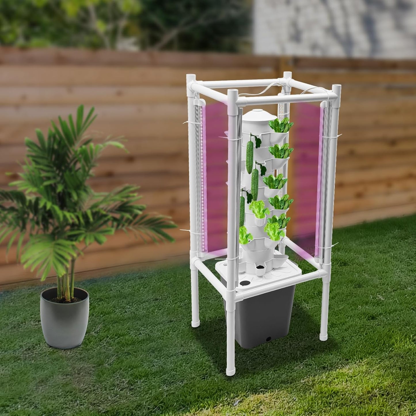 Hydroponics Tower Garden Vertical Growing System Kit, 30-Plant Indoor Gardening Planter Germination Kit with LED Grow Light & Water Pump for Herbs & Vegetables, 2.64Gal Grey Water Tank