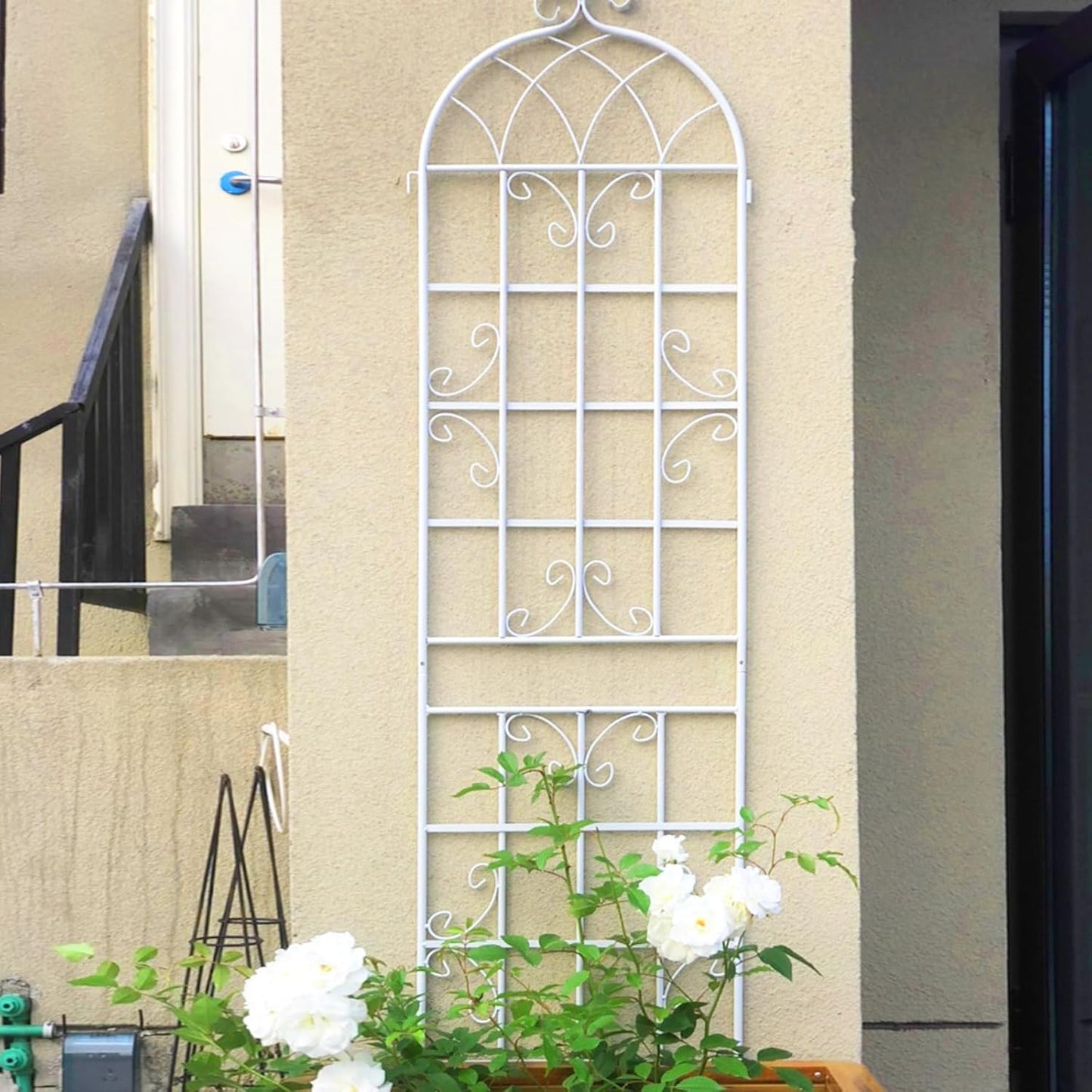 4 Pack Metal Garden Trellis for Climbing Plants, 86.7" Tall Rustproof Outdoor Trellis Panel with Vine Design, Decorative Black Iron Plant Support for Vine, Rose, Flower, Garden Wall, White