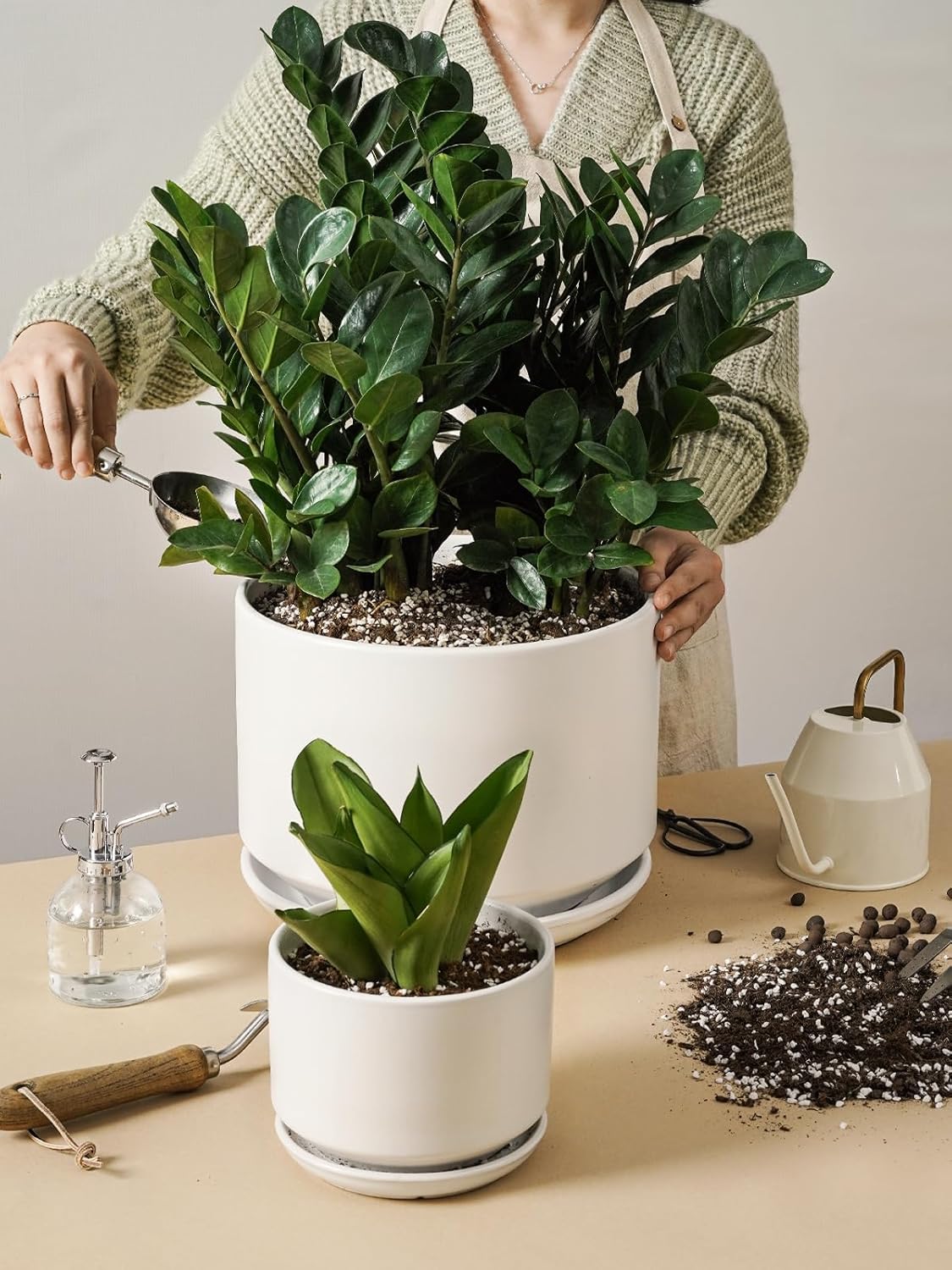 LE TAUCI Ceramic Pots for Plants, Set of 2, 10 + 12 Inch Plant Pot, Durable & Stylish Planters for Indoor Plants with Drainage Hole and Saucer, Elevate Your Home’s Aesthetic, White