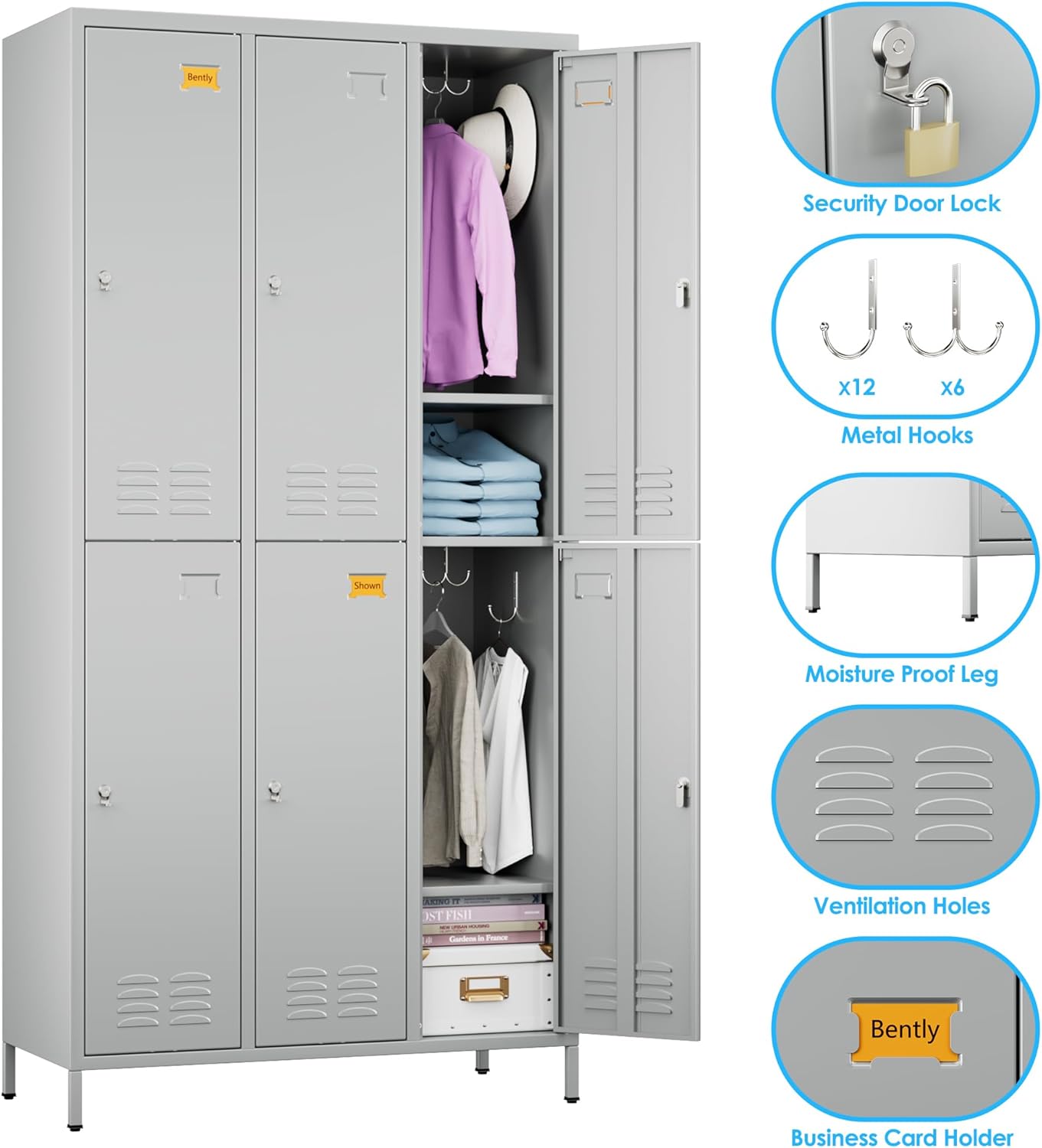 6 Doors Metal Locker Employee with Business Card Holder,Metal Locker for Employees with 18 Hooks for School Garage Office Gym Home,Assembly Required,Light Grey