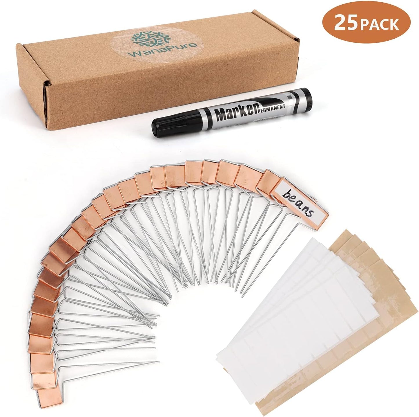 25PCS Copper Metal Plant Tags Plant Labels with 50Pcs Labels, Rainproof PET Film & Permanent Pen, 5 inch Weatherproof Banner Garden Markers, Marking Protection Seedling Signs Nursery Tags