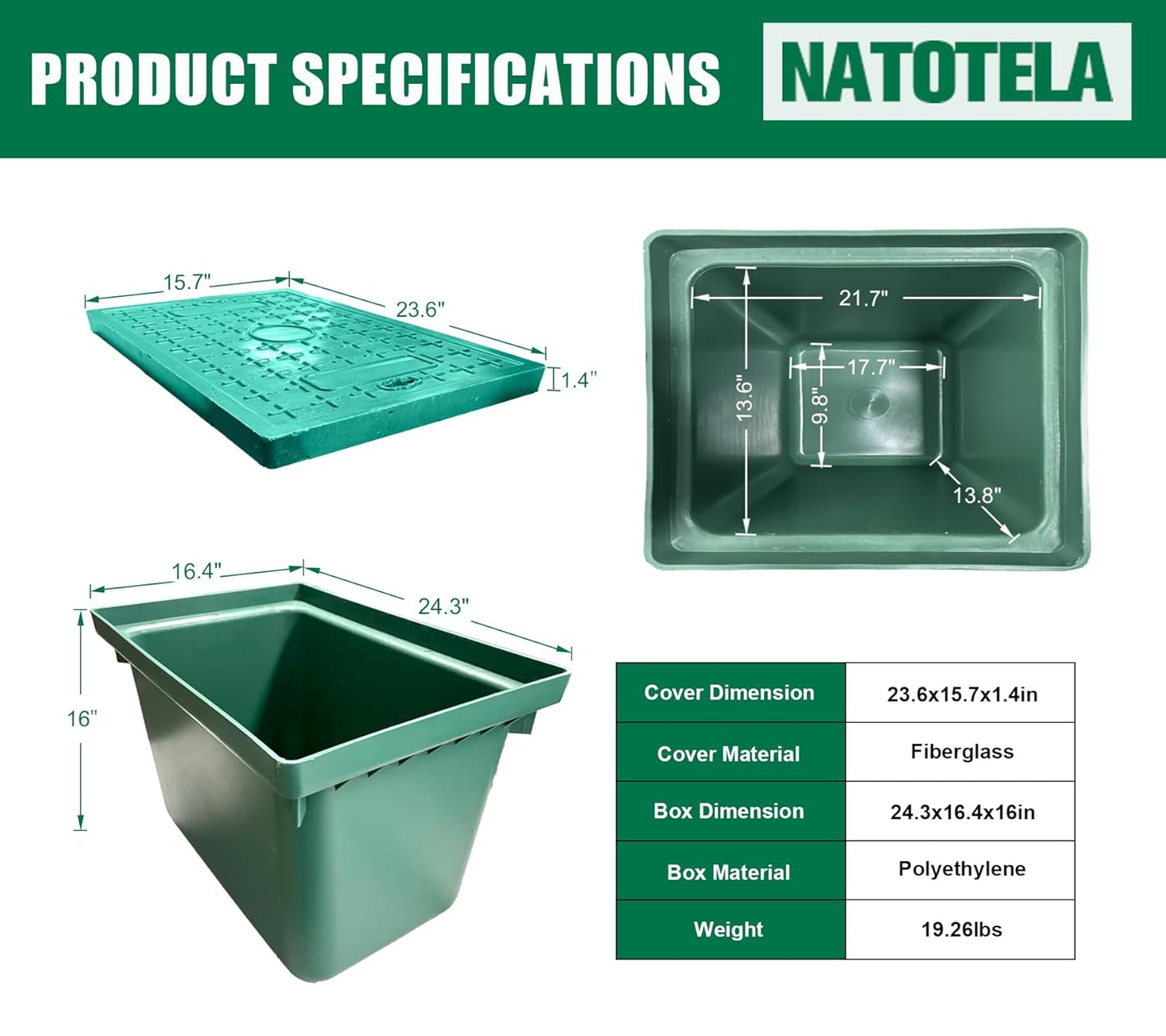 24x16x16 Underground Splice Box Rectangular Electrical Junction Boxes Polyethylene Distribution Pull Chamber W/FRP Inspection Cover Access Enclosure Pit Drillable Tapered Wiring Box for Cable