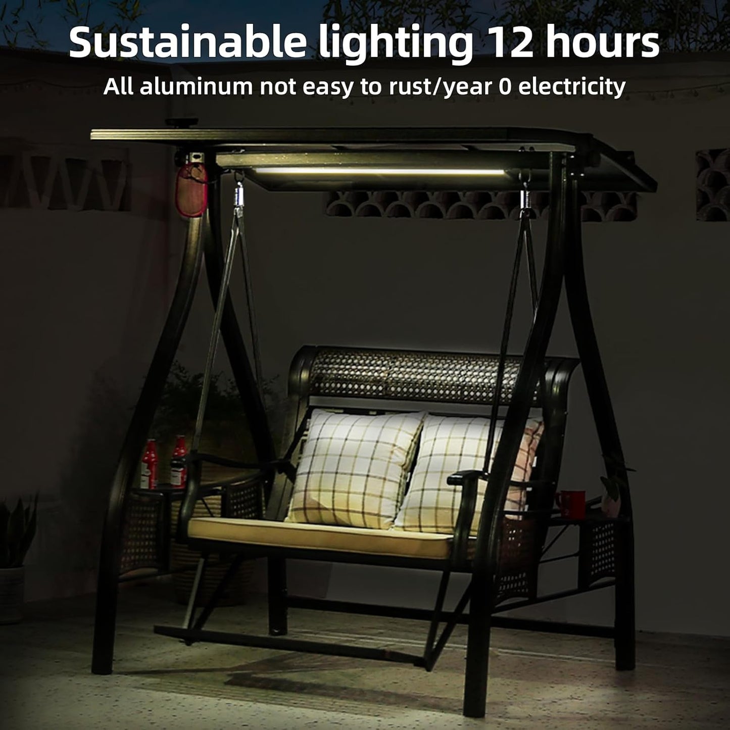 2/3-Seat Outdoor Patio Porch Swing with Adjustable Aluminum Alloy Canopy Solar Patio Swing Chair Bench with Footrest Side Cup Holder for Backyard Lawn (A-Aluminum Mesh Wood Grain-3 Seat)