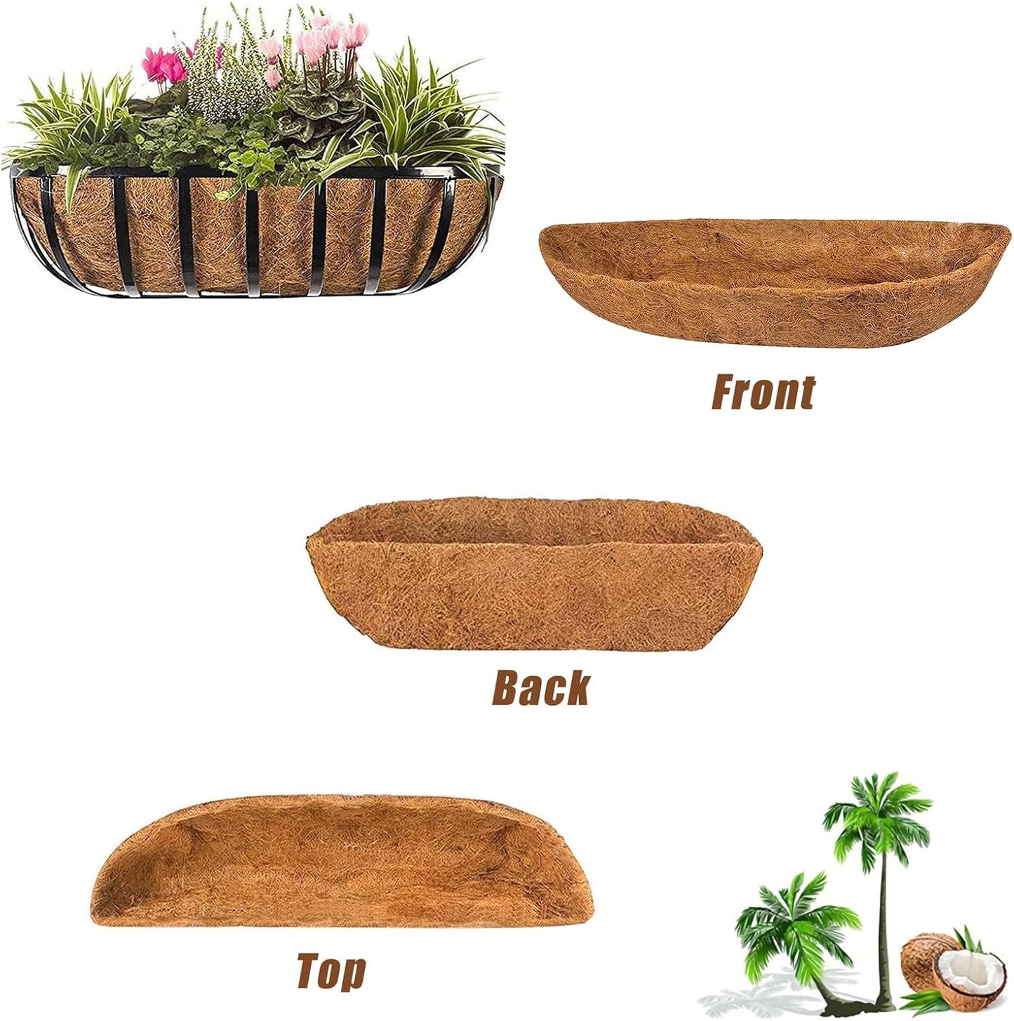 STONESTAR 2-Pack Coconut Liners for Planters 24 inch, Half-Moon Shape Window Box Liners Coconut Planter Liners Replacement, Trough Coco Liners for Planters Flower Baskets (24 inch)