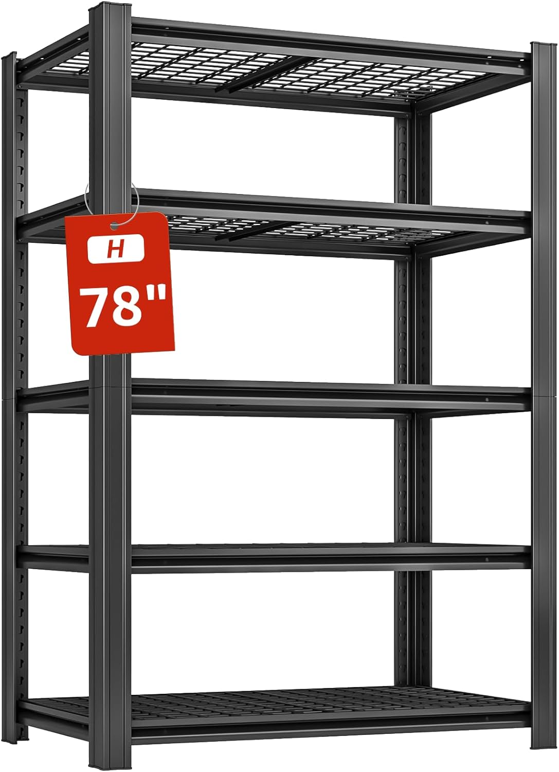 5 Tier Metal Shelving Unit, 78" H x 48" W x 24" D Adjustable Garage Shelves, Heavy Duty Storage Shelves for Warehouse, Basement, Kitchen, Pantry, Living Room, 2500LBS, Black