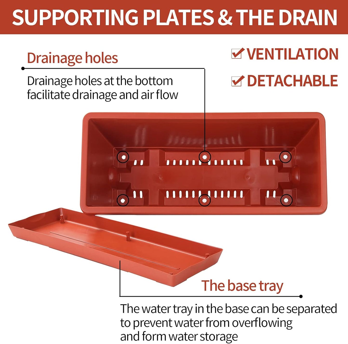 Window Box Planter, 12 Pack Plastic Vegetable Flower Planters Boxes 17 Inches Rectangular Flower Pots with Saucers for Indoor Outdoor Garden, Patio, Home Decor (Brick red)